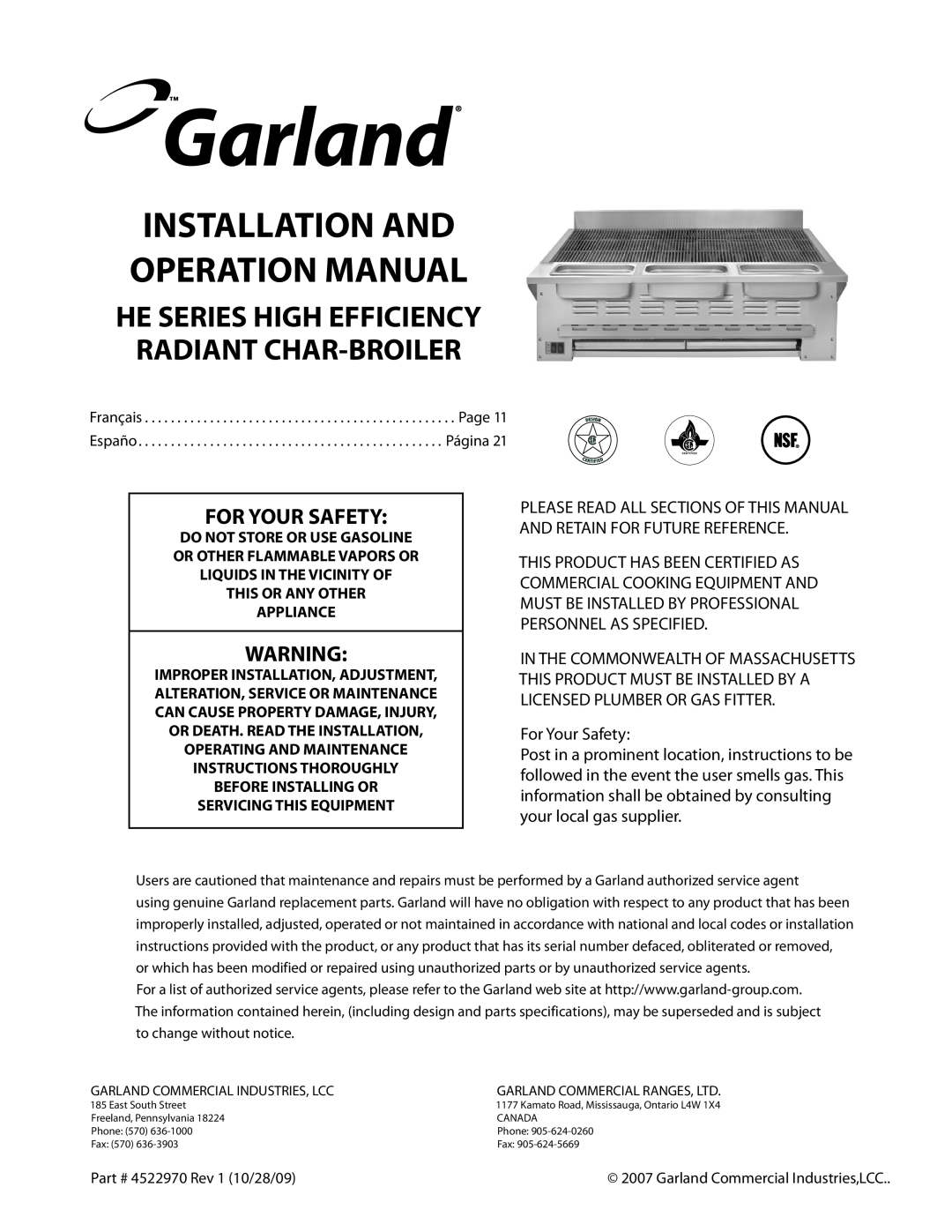 Garland 4522970 REV 1 operation manual He Series High Efficiency Radiant Char-Broiler, For Your Safety 