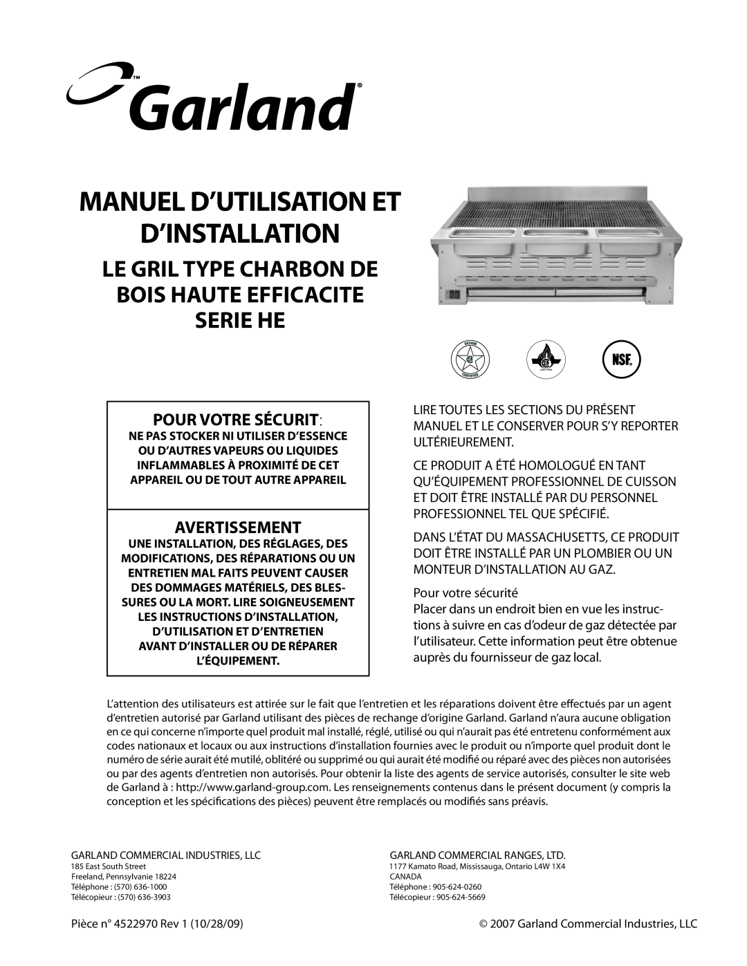 Garland 4522970 REV 1 Manuel D’Utilisation Et D’Installation, Le Gril Type Charbon De Bois Haute Efficacite Serie He 