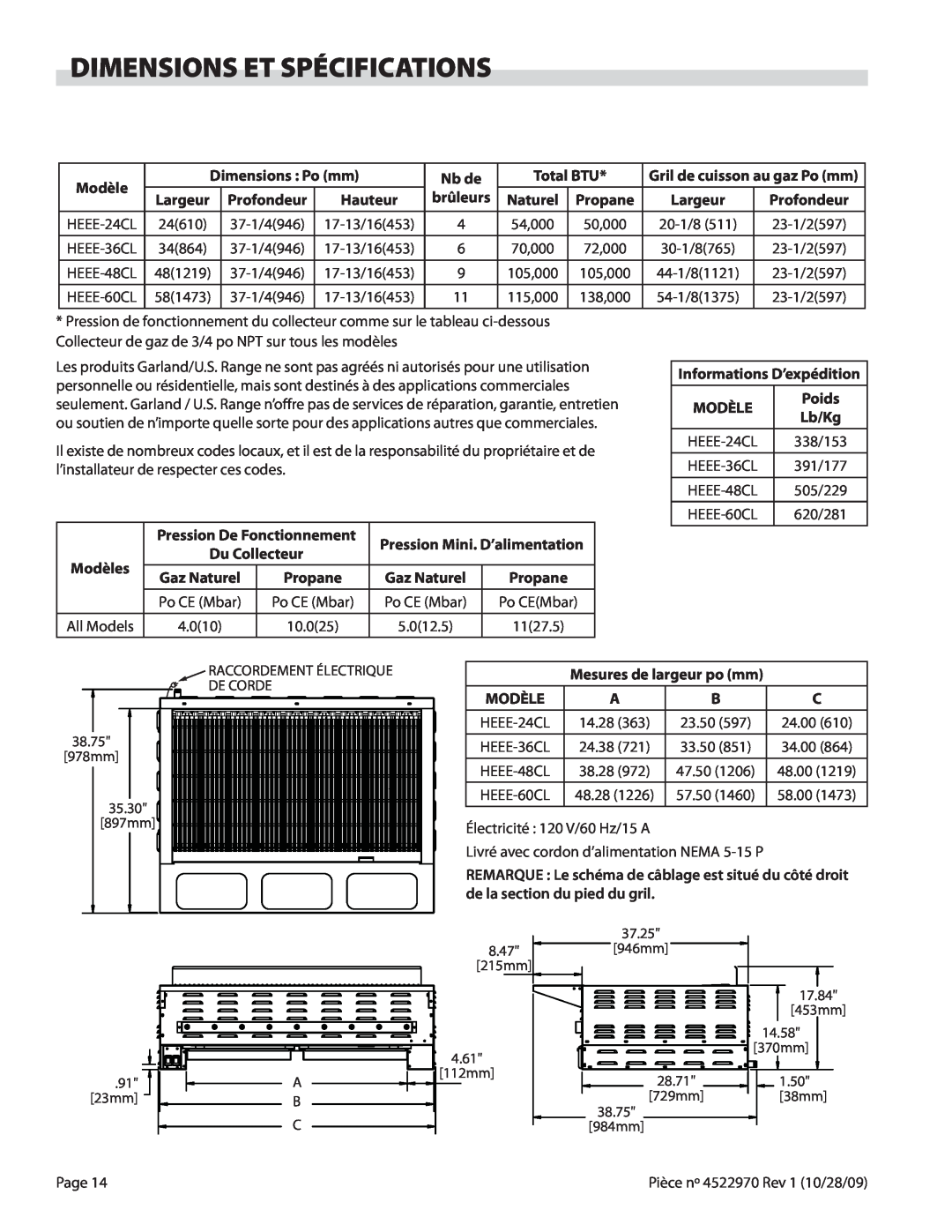 Garland 4522970 REV 1 operation manual Dimensions Et Spécifications 