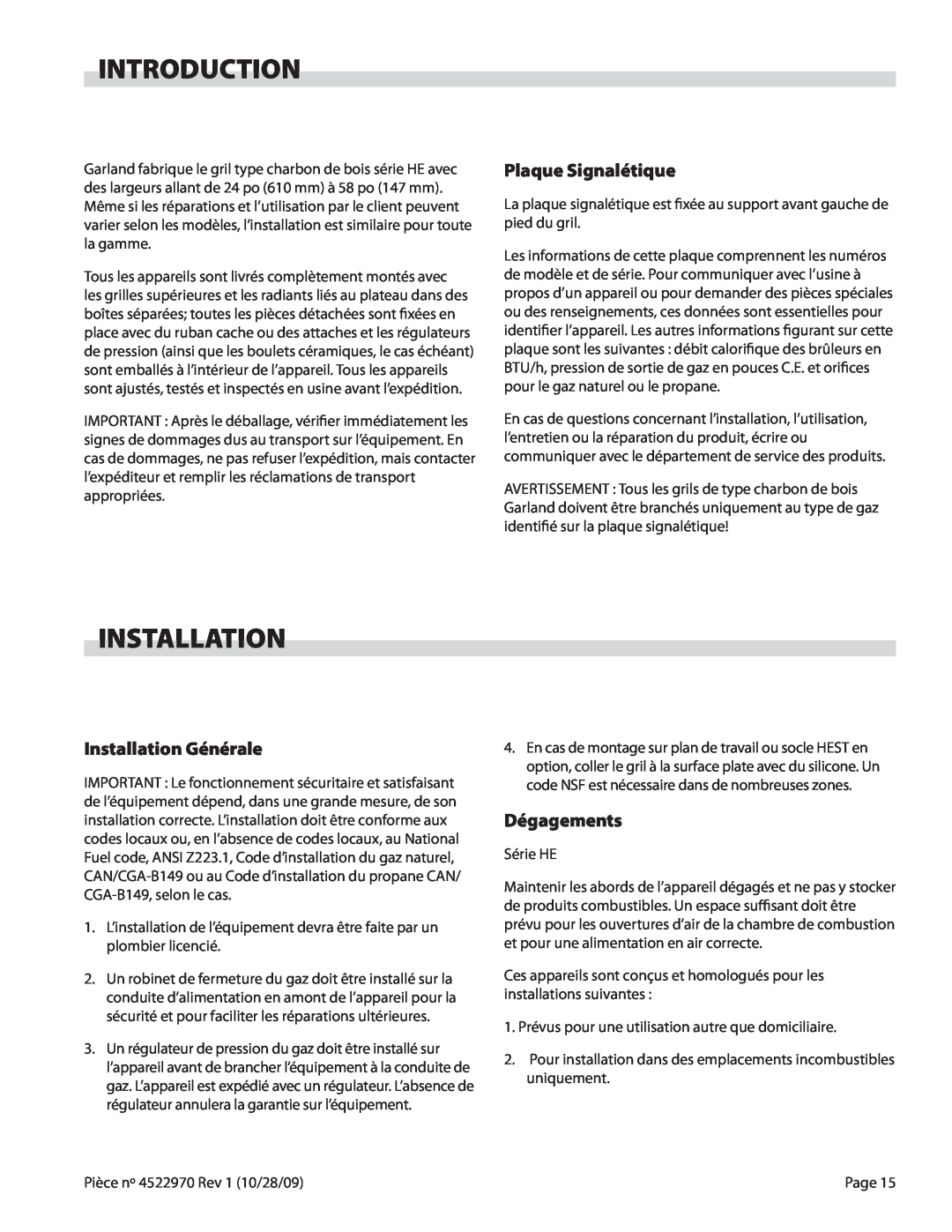 Garland 4522970 REV 1 operation manual Introduction, Plaque Signalétique, Installation Générale, Dégagements 