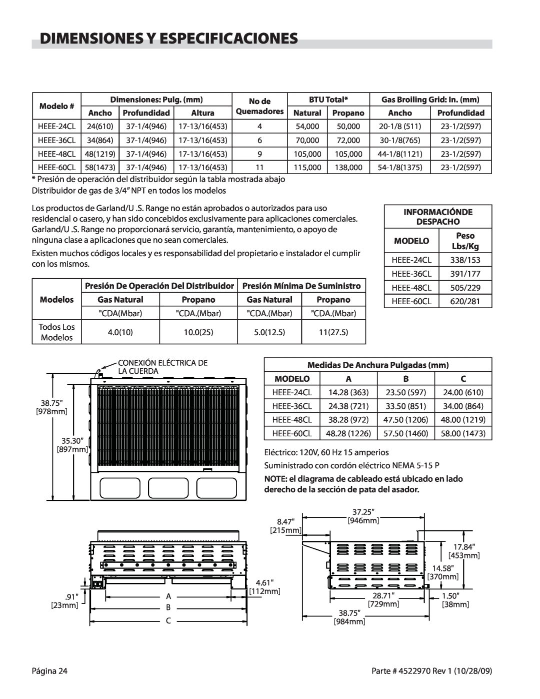 Garland 4522970 REV 1 operation manual Dimensiones Y Especificaciones, Peso 