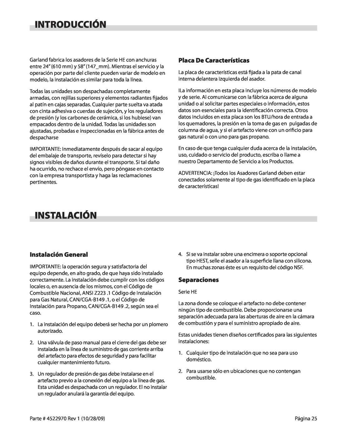 Garland 4522970 REV 1 operation manual Introducción, Placa De Características, Instalación General, Separaciones 