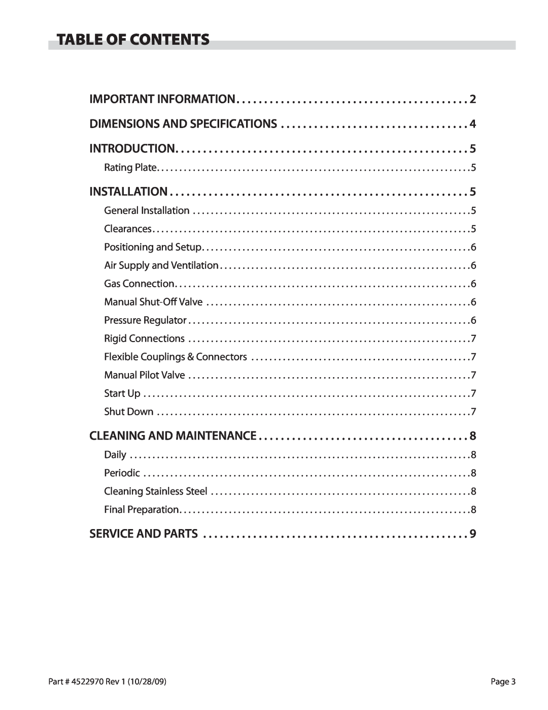 Garland 4522970 REV 1 operation manual Table Of Contents, Cleaning And Maintenance, Installation 