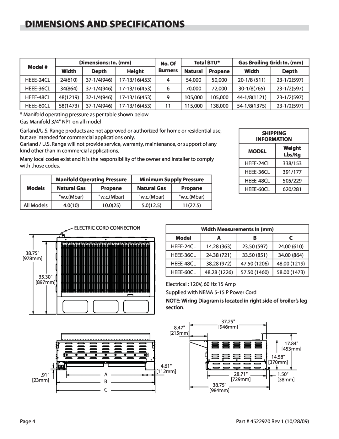 Garland 4522970 REV 1 operation manual Dimensions And Specifications, w..cMbar, 10..025, 1127..5 