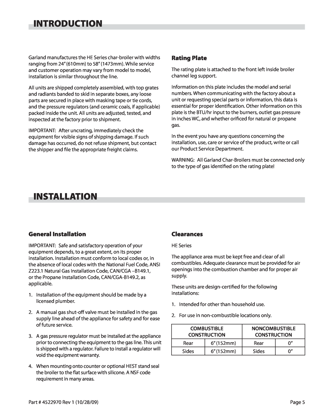 Garland 4522970 REV 1 operation manual Introduction, Rating Plate, General Installation, Clearances 