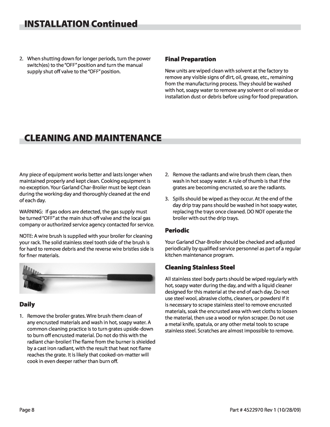 Garland 4522970 REV 1 operation manual Cleaning And Maintenance, INSTALLATION Continued, Final Preparation, Daily, Periodic 