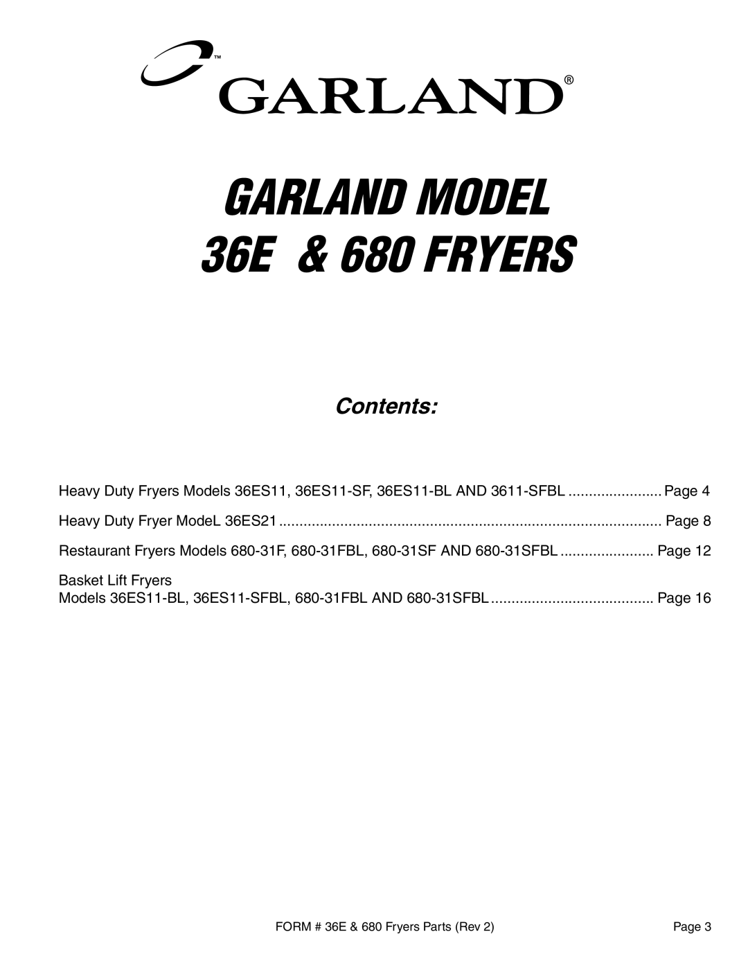 Garland 36E, 680-31FBL, 680-31SFBL manual Garland Model 