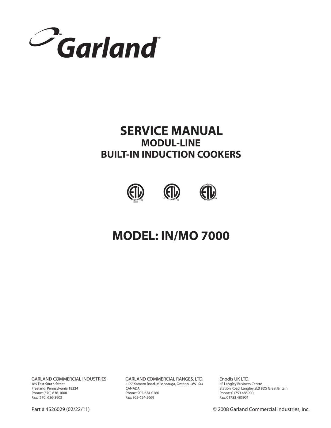 Garland 7000 service manual Model IN/MO 