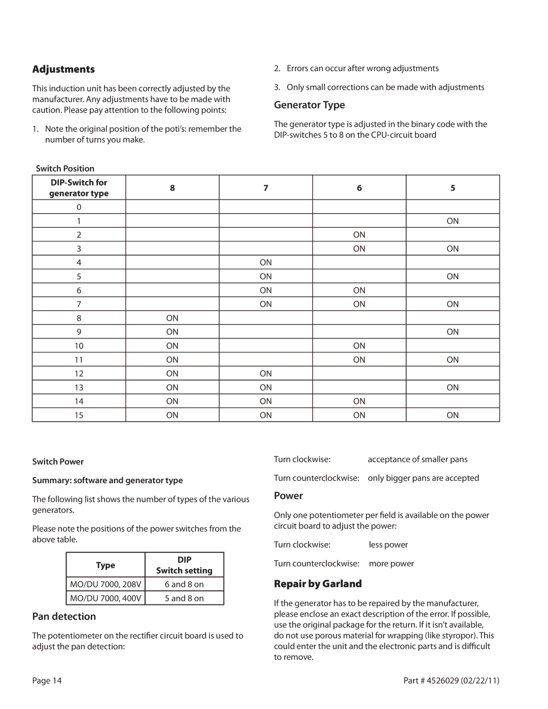 Garland 7000 service manual Adjustments, Generator Type, Repair by Garland 