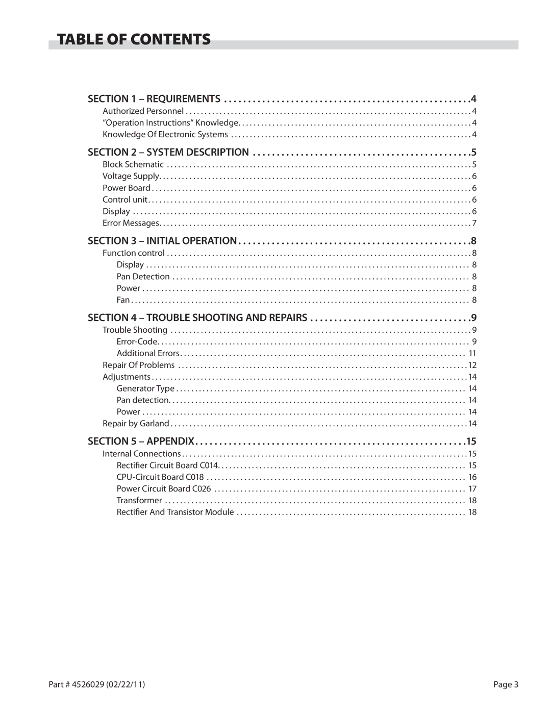 Garland 7000 service manual Table of Contents 