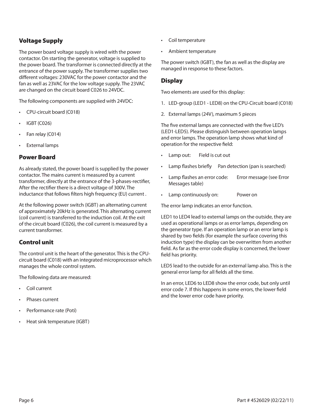 Garland 7000 service manual Voltage Supply, Power Board, Control unit, Display 