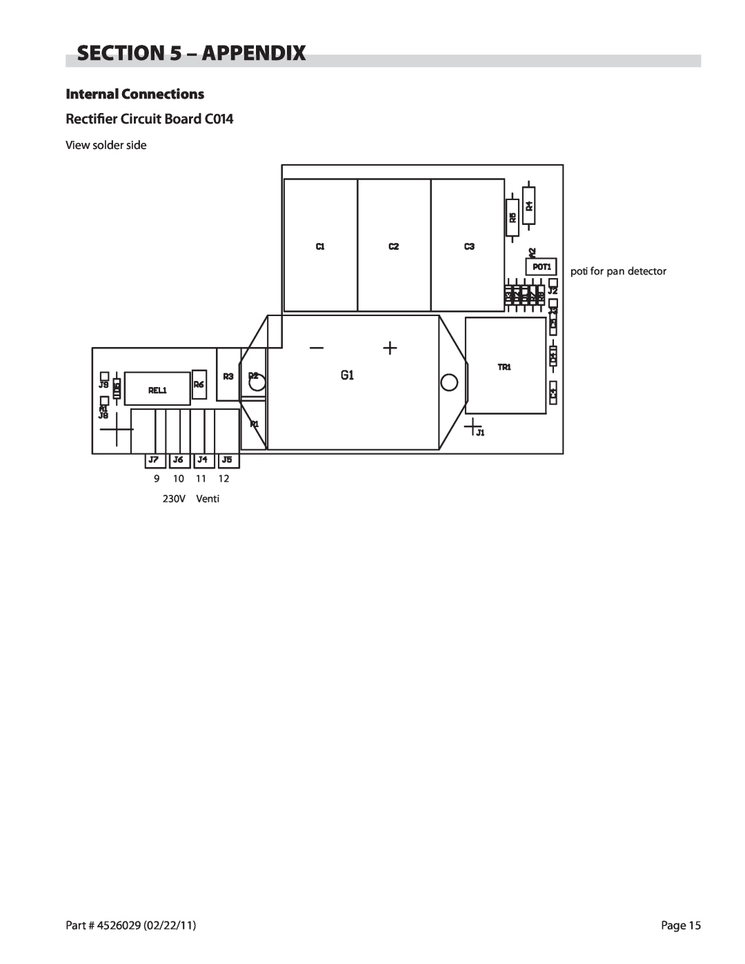 Garland 7000 service manual Appendix, Internal Connections Rectifier Circuit Board C014, poti for pan detector, 230V, Venti 