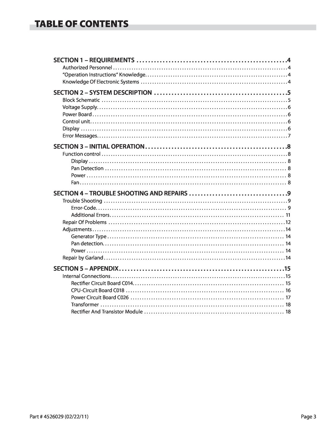 Garland 7000 service manual Table Of Contents 