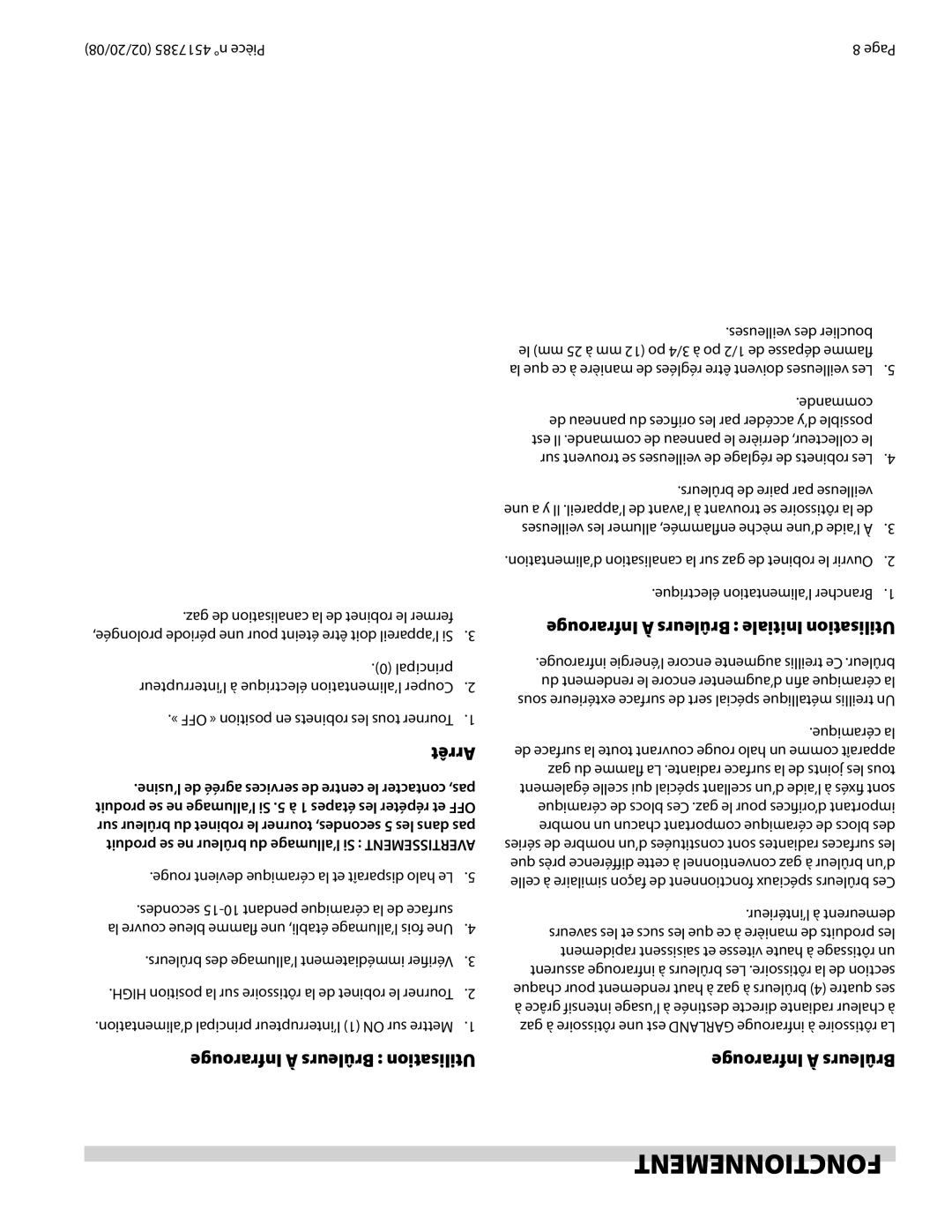 Garland Broiler Fonctionnement, Arrêt, Infrarouge À Brûleurs Utilisation, Infrarouge À Brûleurs Initiale Utilisation 