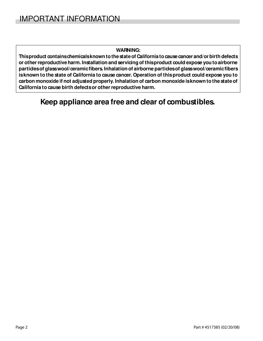 Garland Broiler Important Information, Keep appliance area free and clear of combustibles, 4517385 02/20/08 