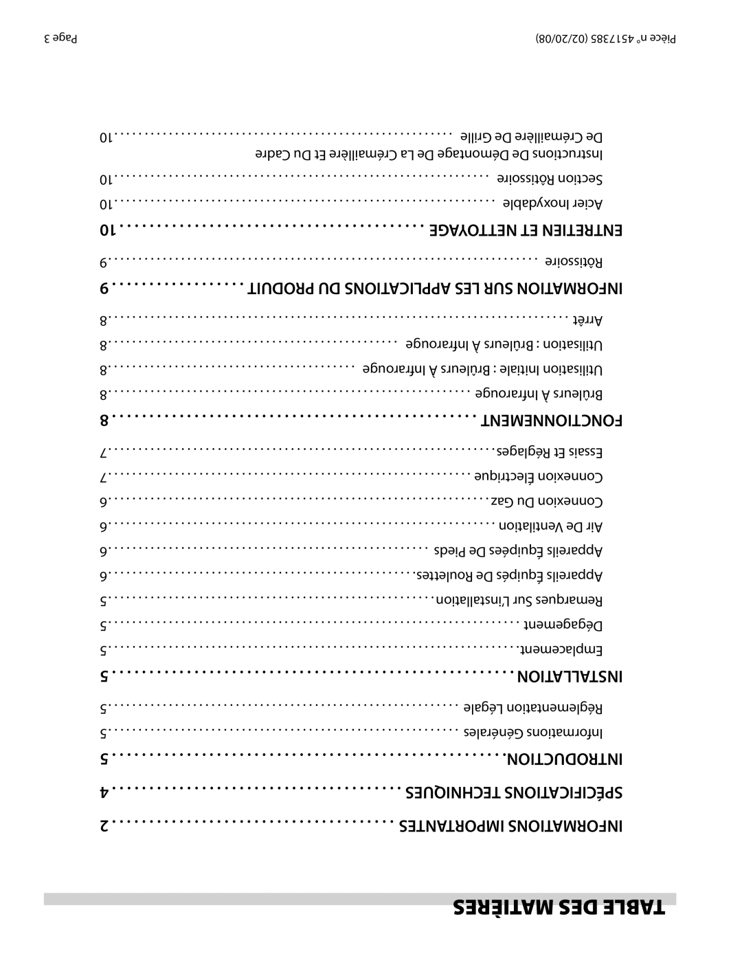 Garland Broiler operation manual Matières DES Table 