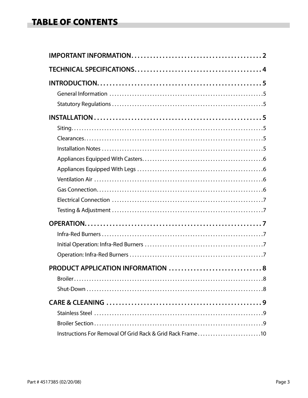 Garland Broiler operation manual Table of Contents 