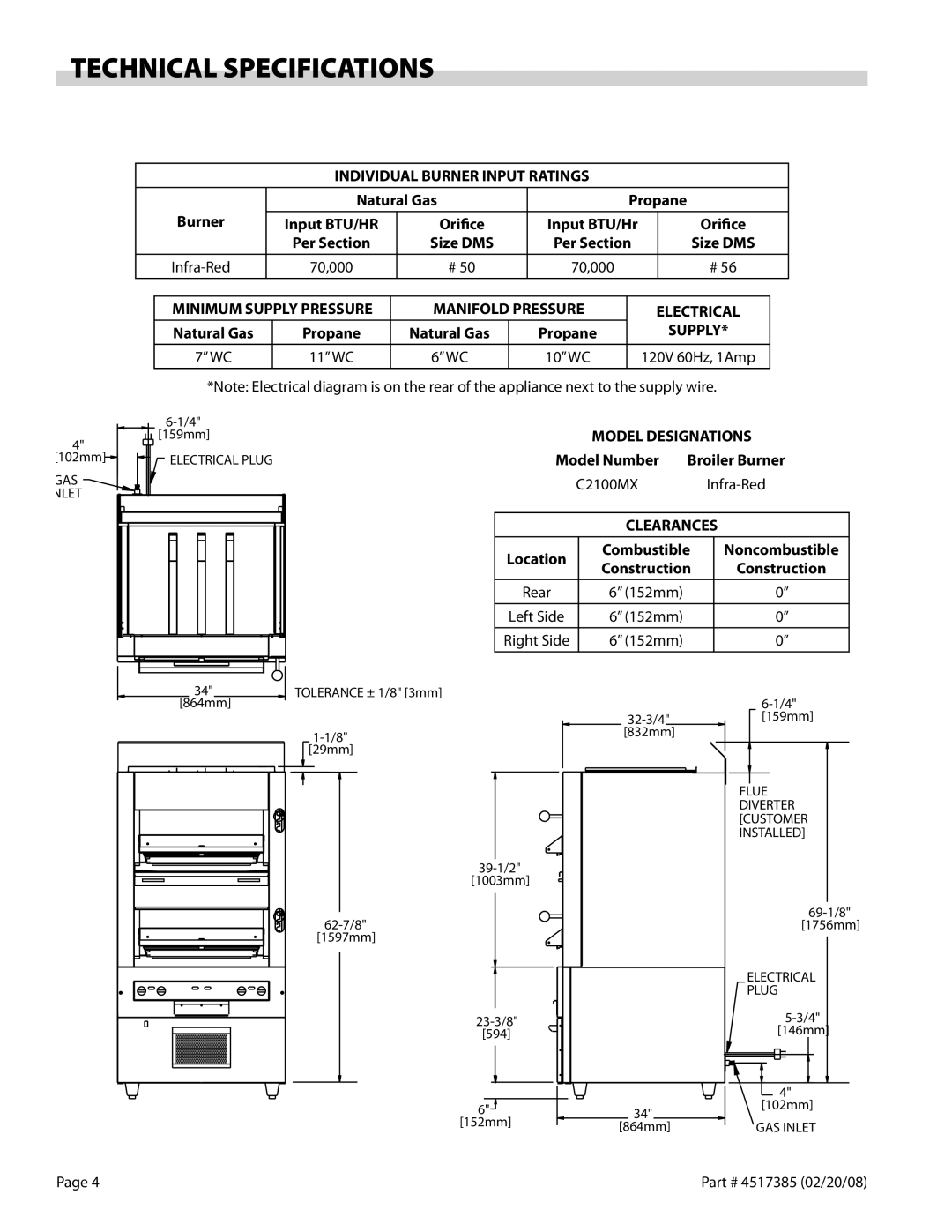 Garland Broiler operation manual Technical Specifications, Individual Burner Input Ratings, Manifold Pressure, Supply 