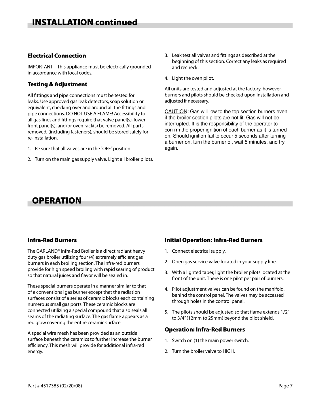 Garland Broiler operation manual Operation 