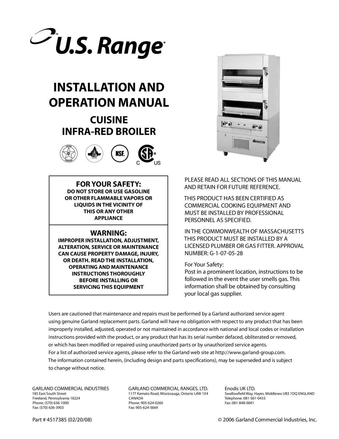 Garland operation manual For Your Safety, Cuisine Infra-Red Broiler 