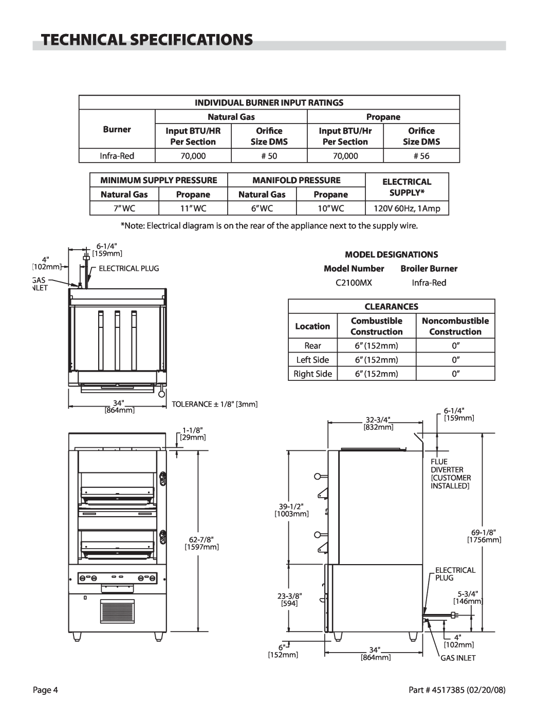 Garland Broiler operation manual Technical Specifications, Gas Inlet 