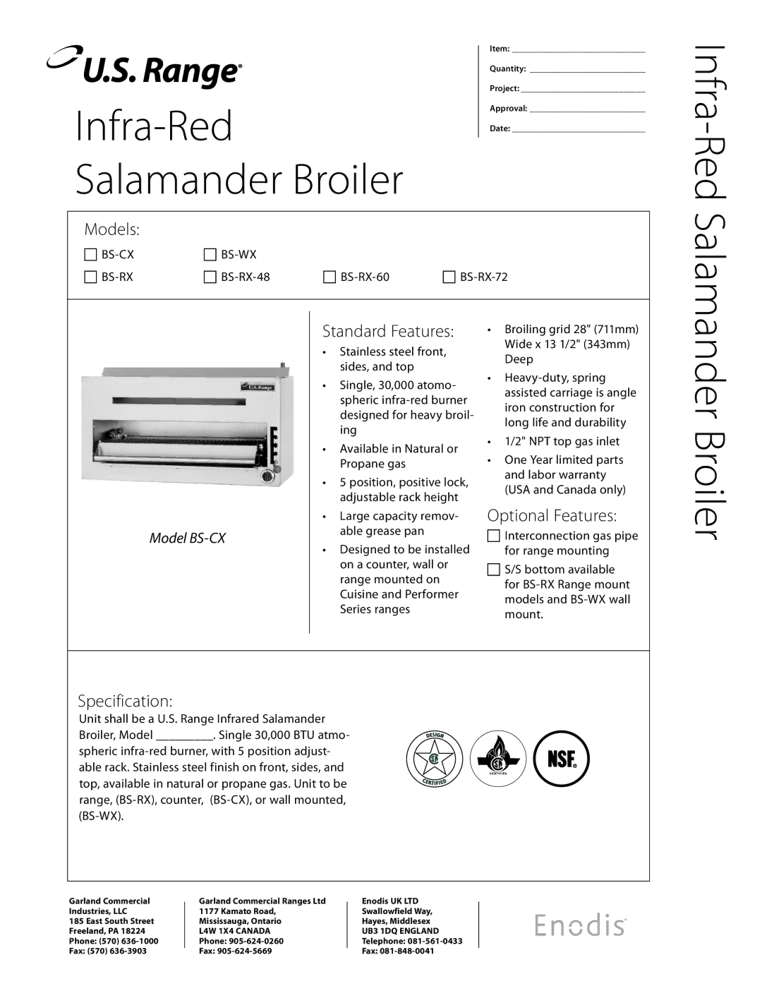 Garland BS-RX-48, BS-CX, BS-RX-60, BS-WX, BS-RX-72 warranty Broiler, Standard Features, Optional Features, Specification 