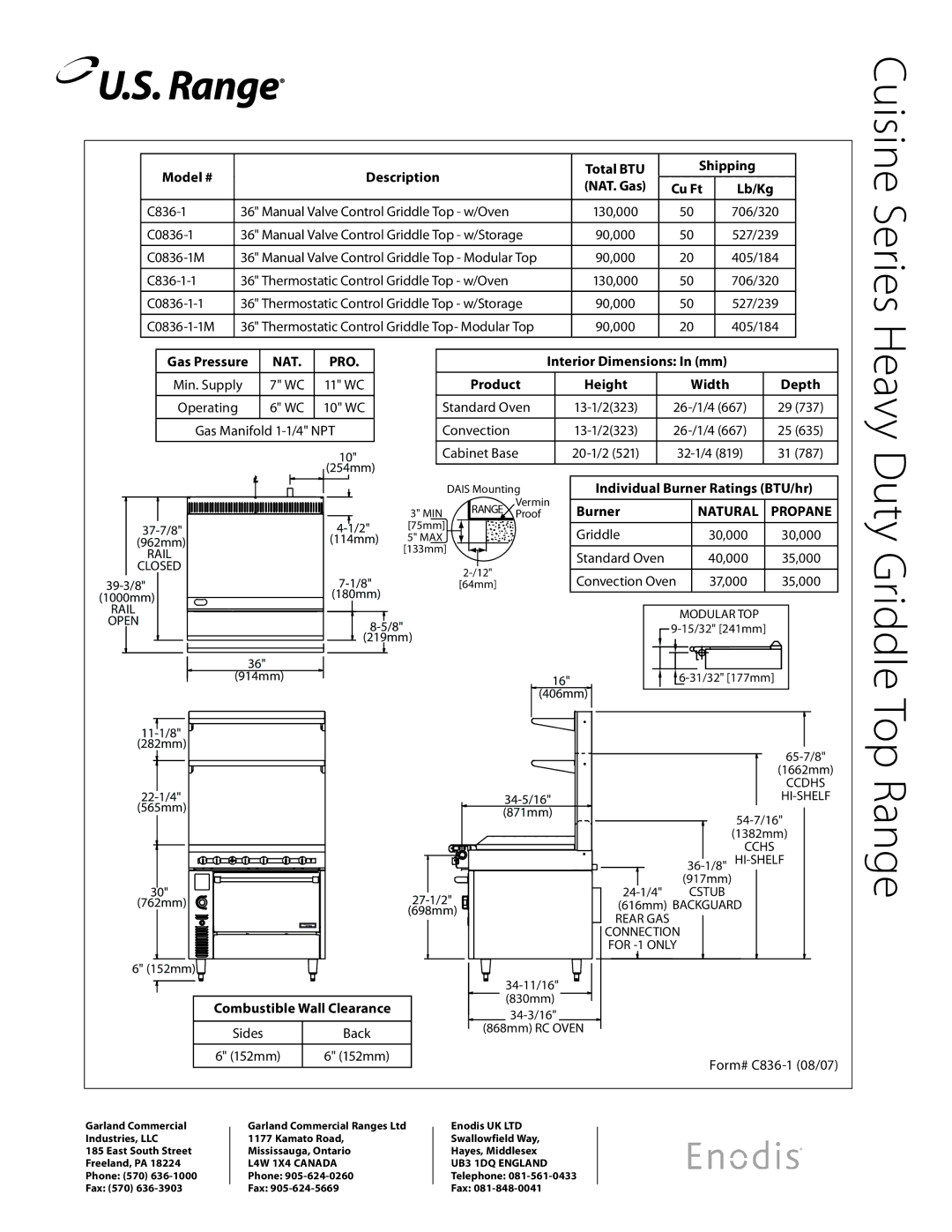 Garland C0836-1M specifications Nat Pro, Propane 