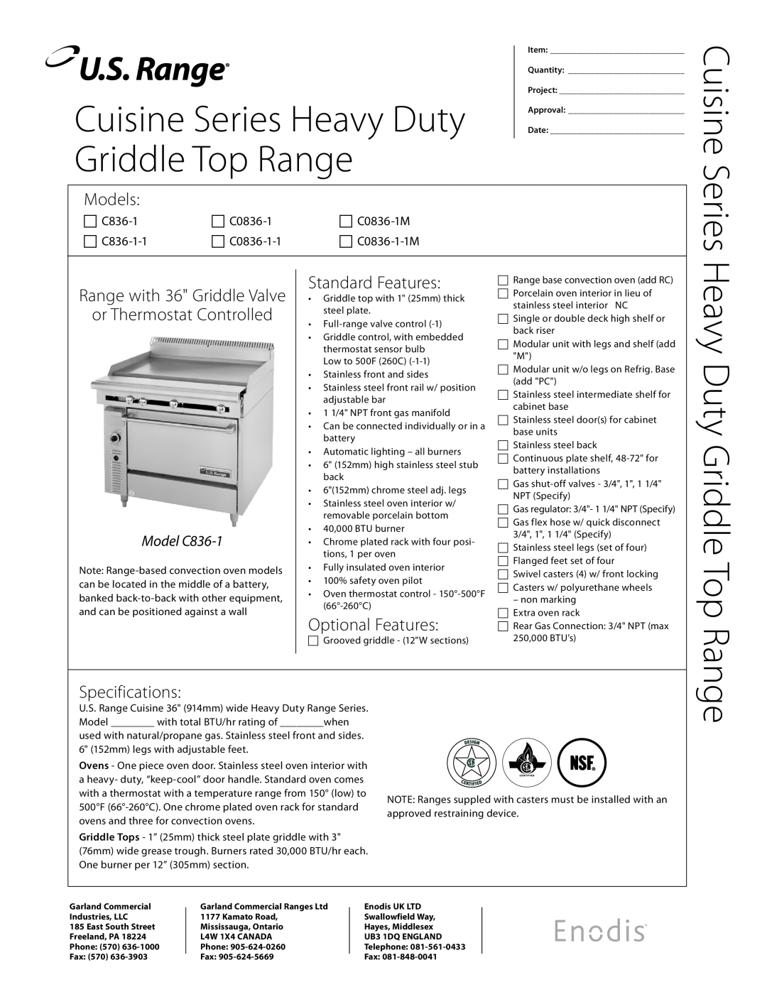 Garland C0836-1 specifications Cuisine Series Heavy Duty, Heavy Duty Griddle Top Range, Models, Specifications 