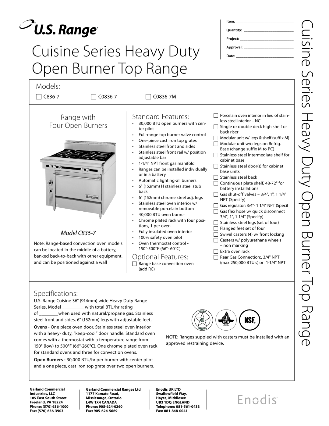 Garland C0836-7 specifications Cuisine Series Heavy Duty Open Burner Top Range, Models, Standard Features 