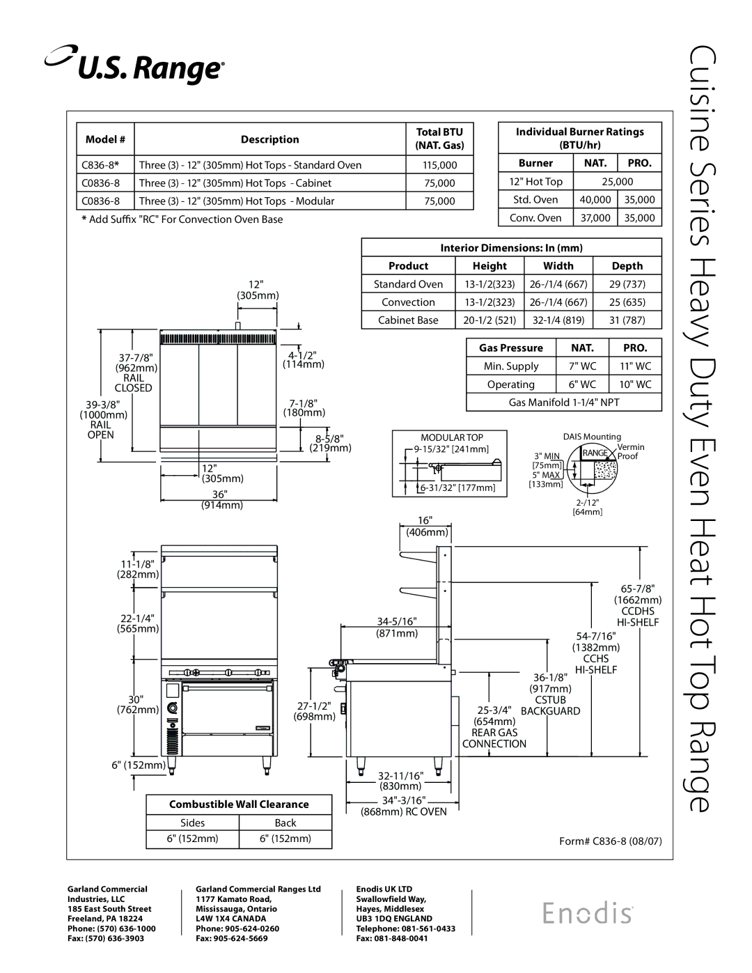 Garland C836-8, C0836-8M specifications Heavy Duty Even Heat Hot Top Range, Cuisine Series 