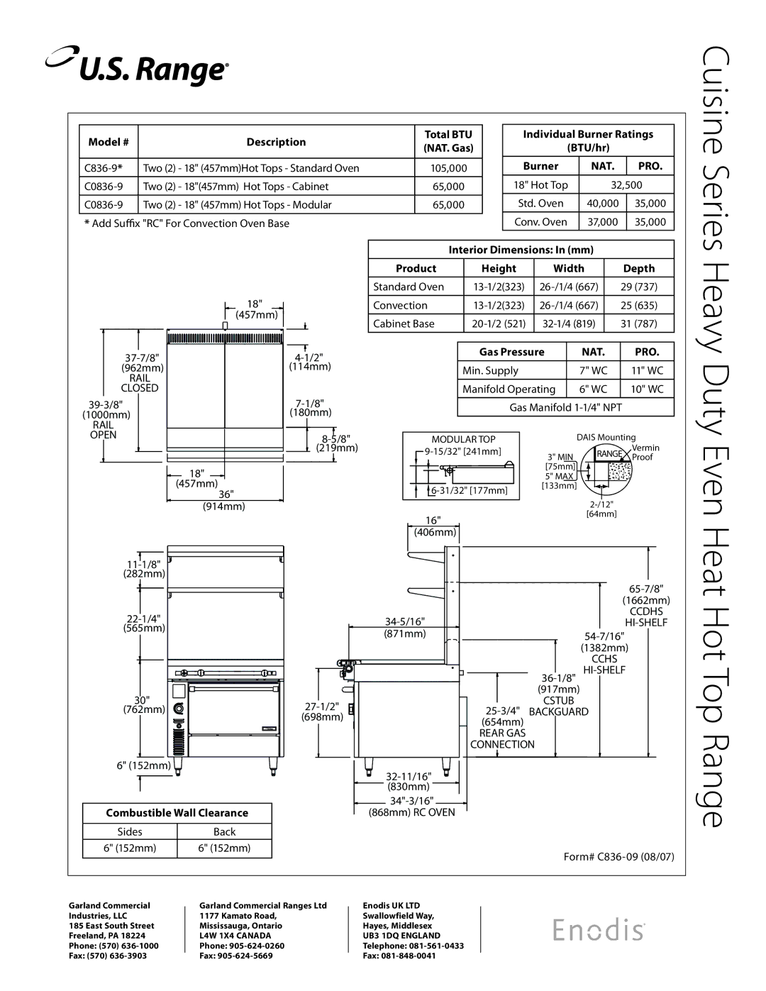 Garland C0836-9M, C836-9 specifications Cuisine Series Heavy Duty Even Heat Hot Top Range 