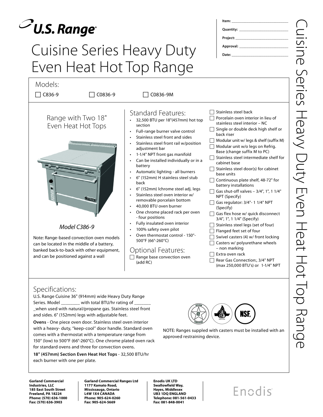 Garland C836-9 specifications Cuisine Series Heavy Duty Even Heat Hot Top Range, Models, Standard Features 