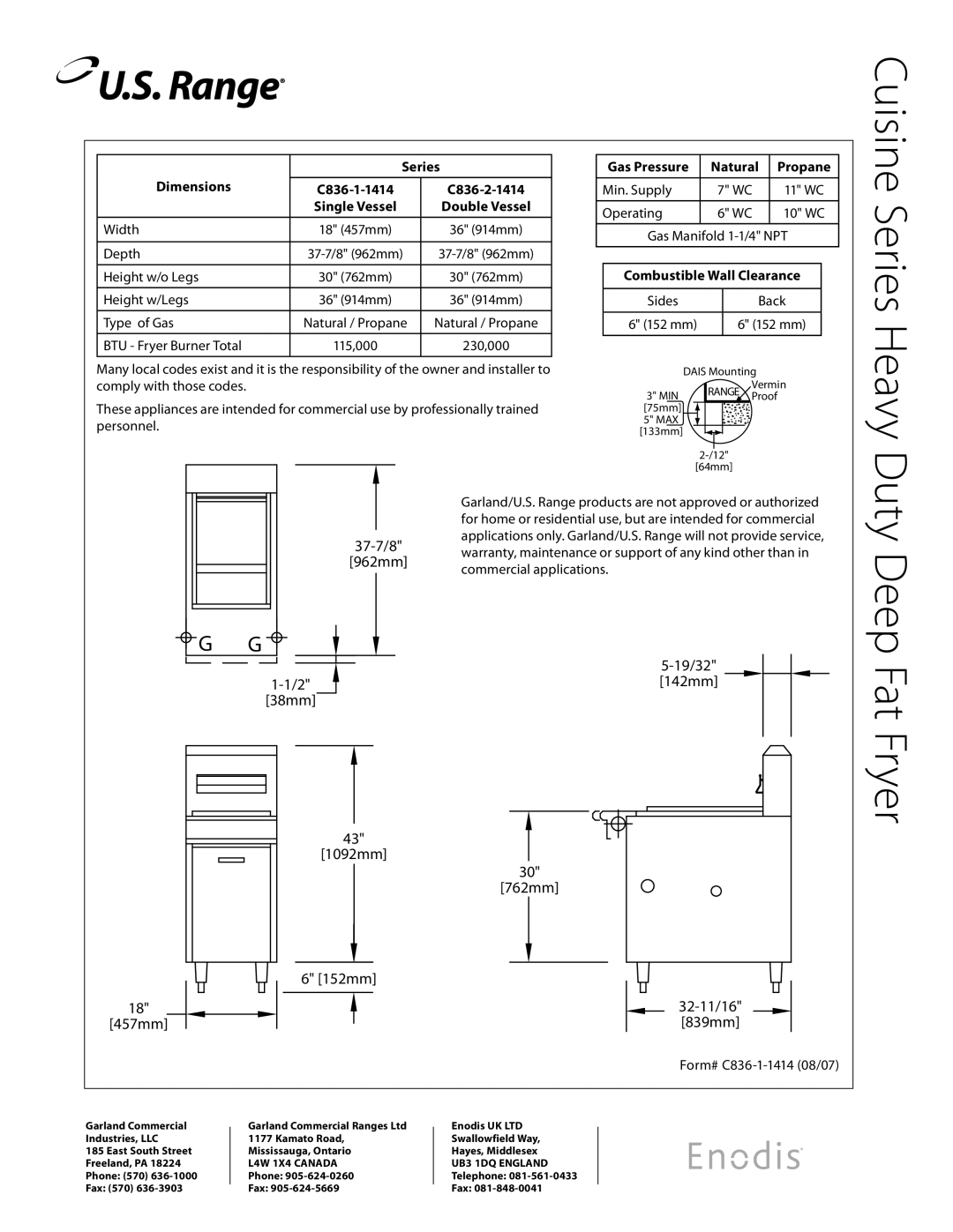 Garland C836-1-1414-DS, C836-1-1414-WS, C836-1-1414-FWS, C836-1-1414-FS Cuisine Series, Heavy Duty Deep Fat Fryer 