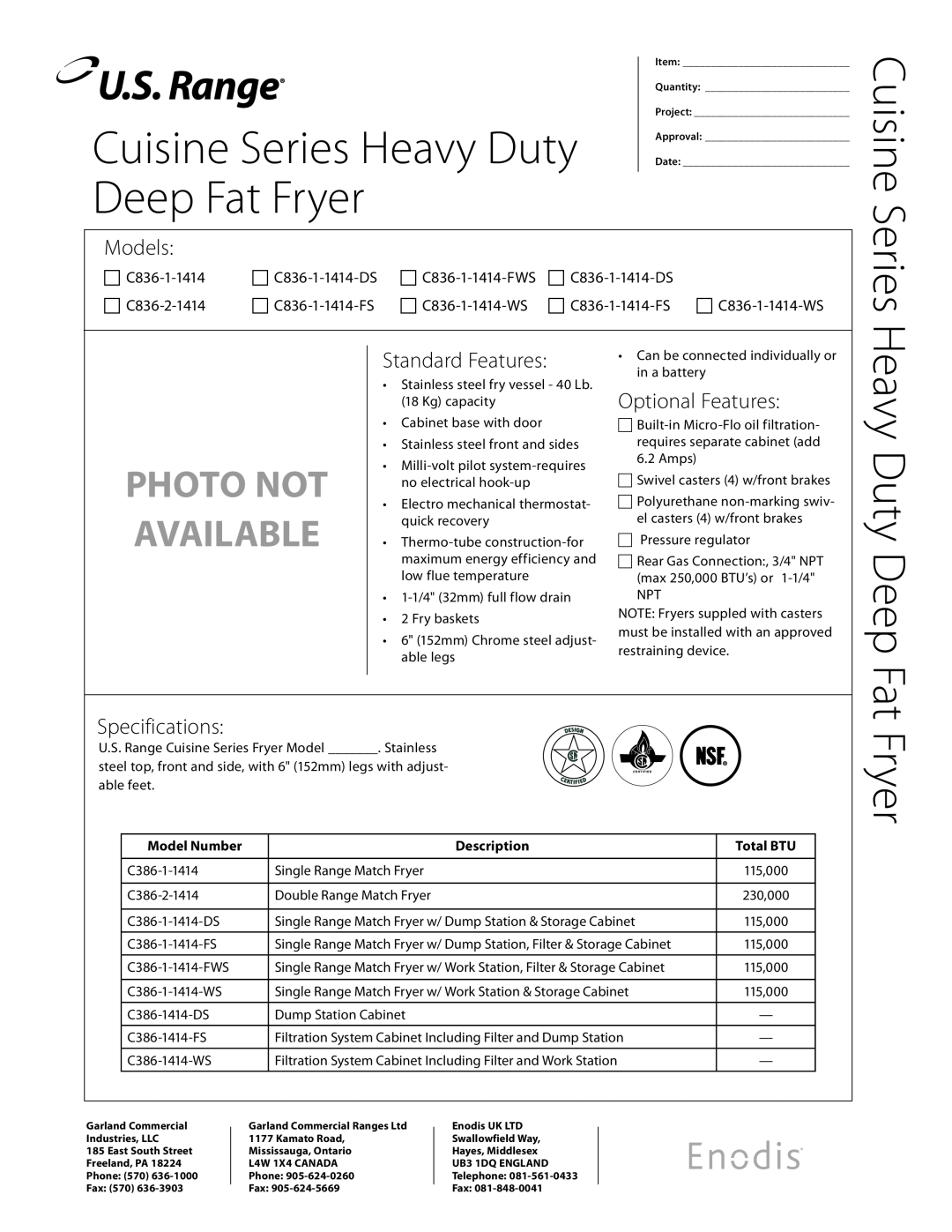 Garland C836-1-1414-FWS specifications Cuisine Series Heavy Duty Deep Fat Fryer, Models, Standard Features, Specifications 