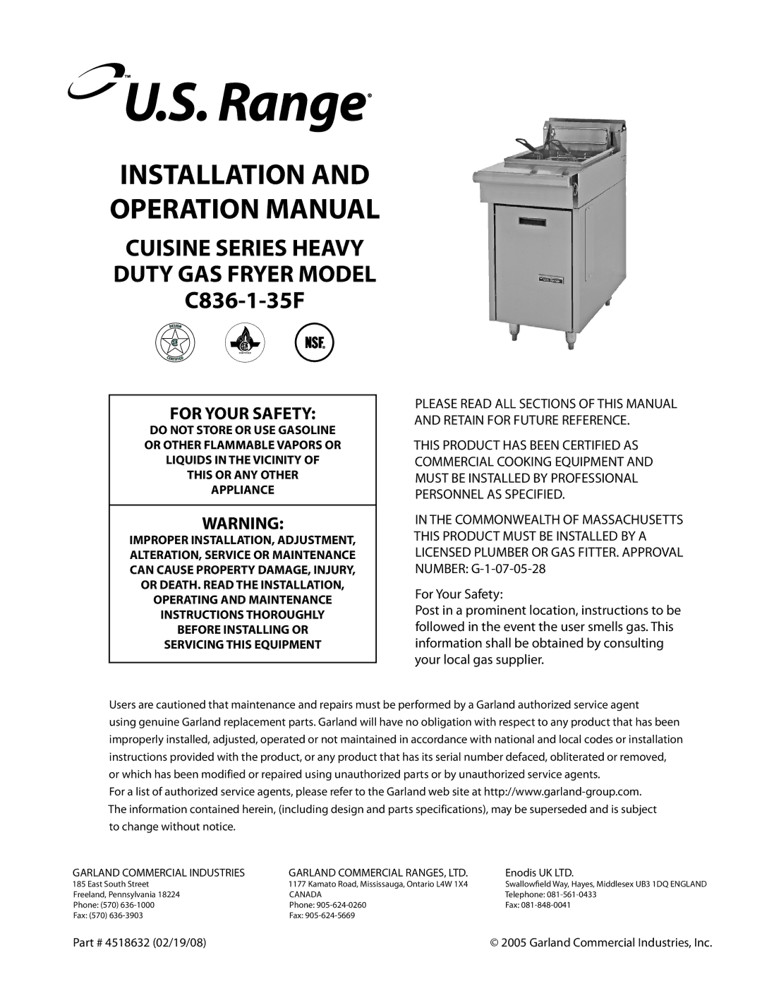 Garland operation manual Cuisine Series Heavy Duty GAS Fryer Model C836-1-35F, 4518632 02/19/08 