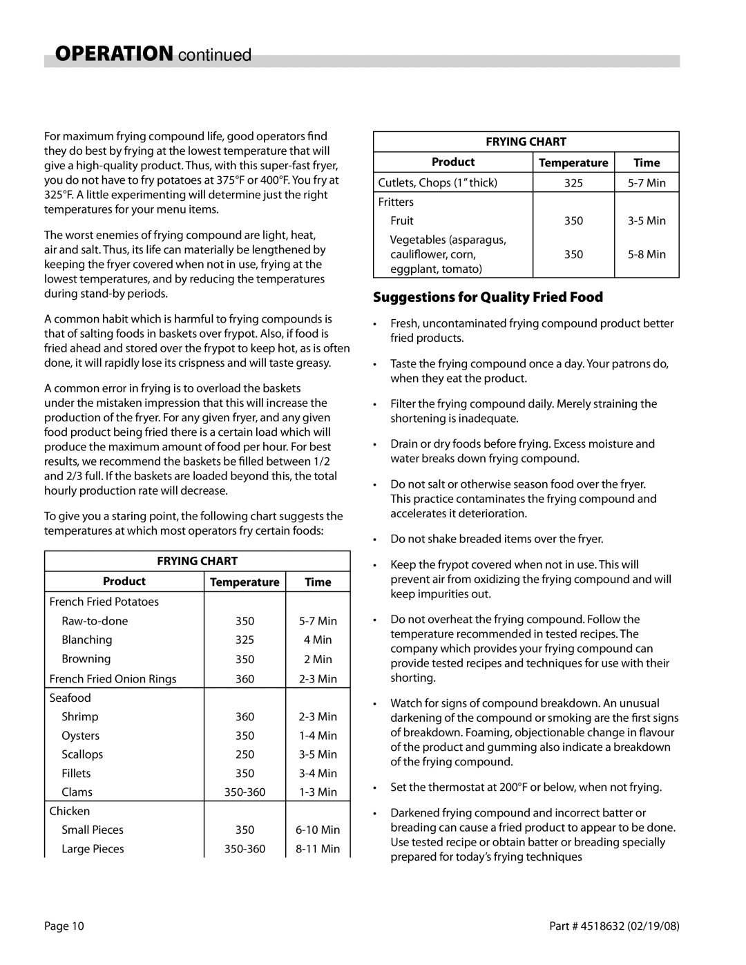 Garland C836-1-35F operation manual Suggestions for Quality Fried Food, Product Temperature Time 