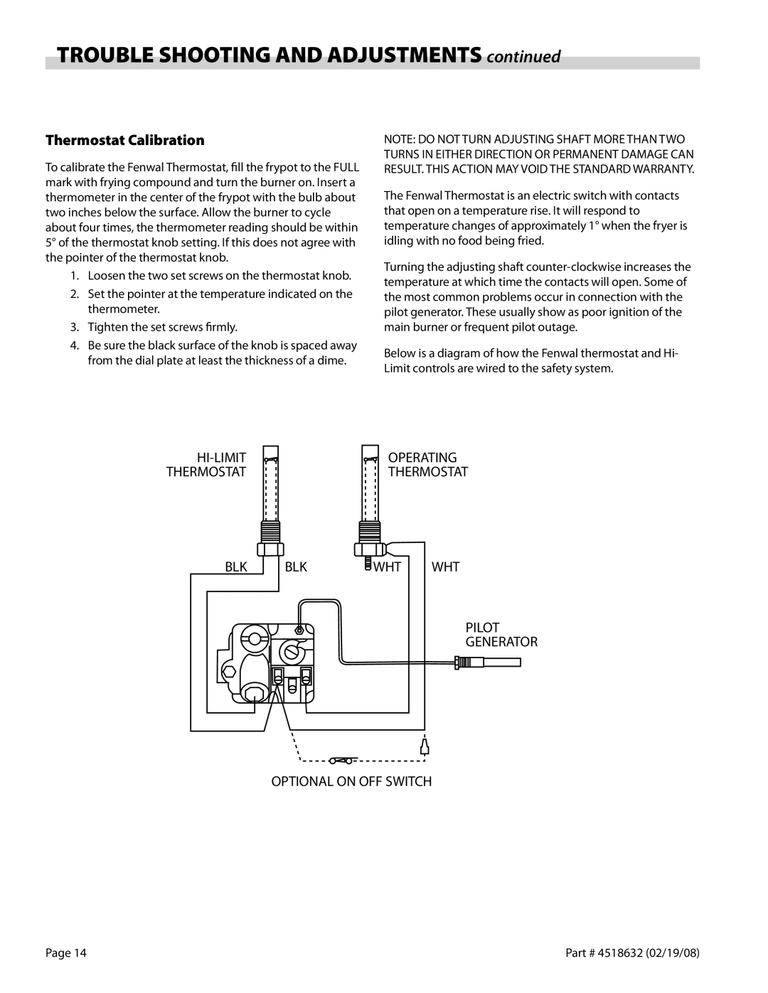 Garland C836-1-35F operation manual Trouble Shooting and Adjustments, Thermostat Calibration 