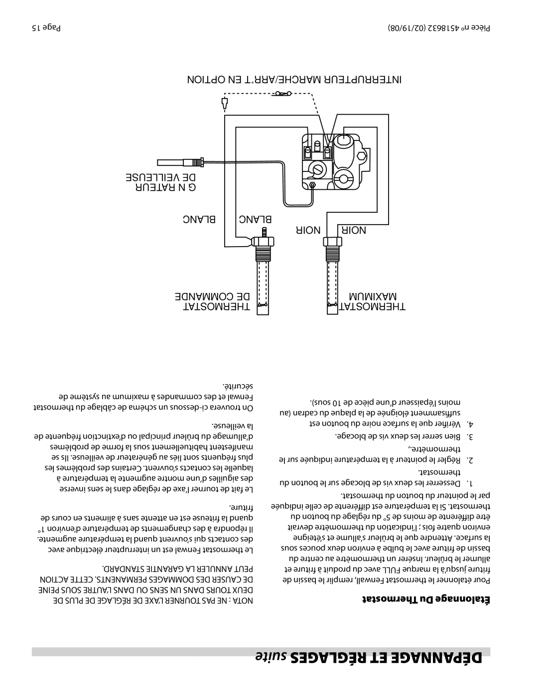 Garland C836-1-35F operation manual Suite Réglages ET Dépannage, Thermostat Du Étalonnage, Thermomètre 