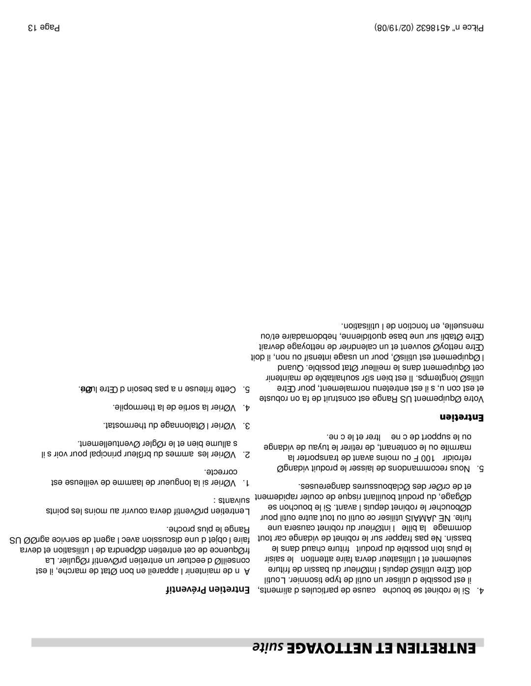 Garland C836-1-35F operation manual Suite Nettoyage ET Entretien, Correcte, Préventif Entretien, 02/19/08 4518632 nº Pièce 