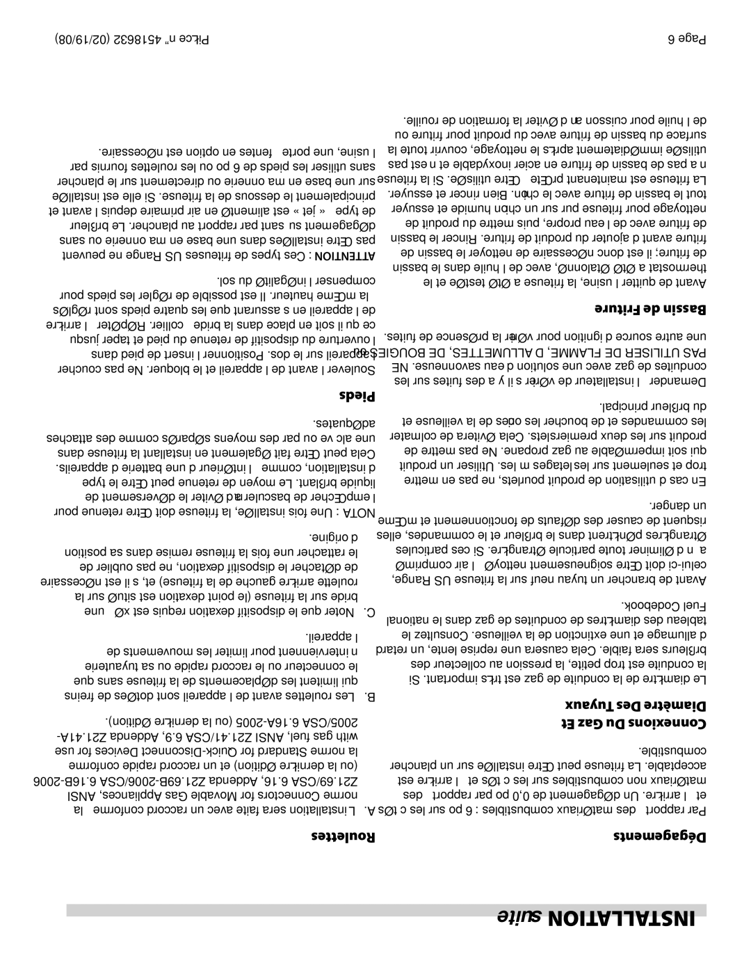 Garland C836-1-35F operation manual Friture de Bassin, Tuyaux Des Diamètre Et Gaz Du Connexions, Dégagements, Pieds 