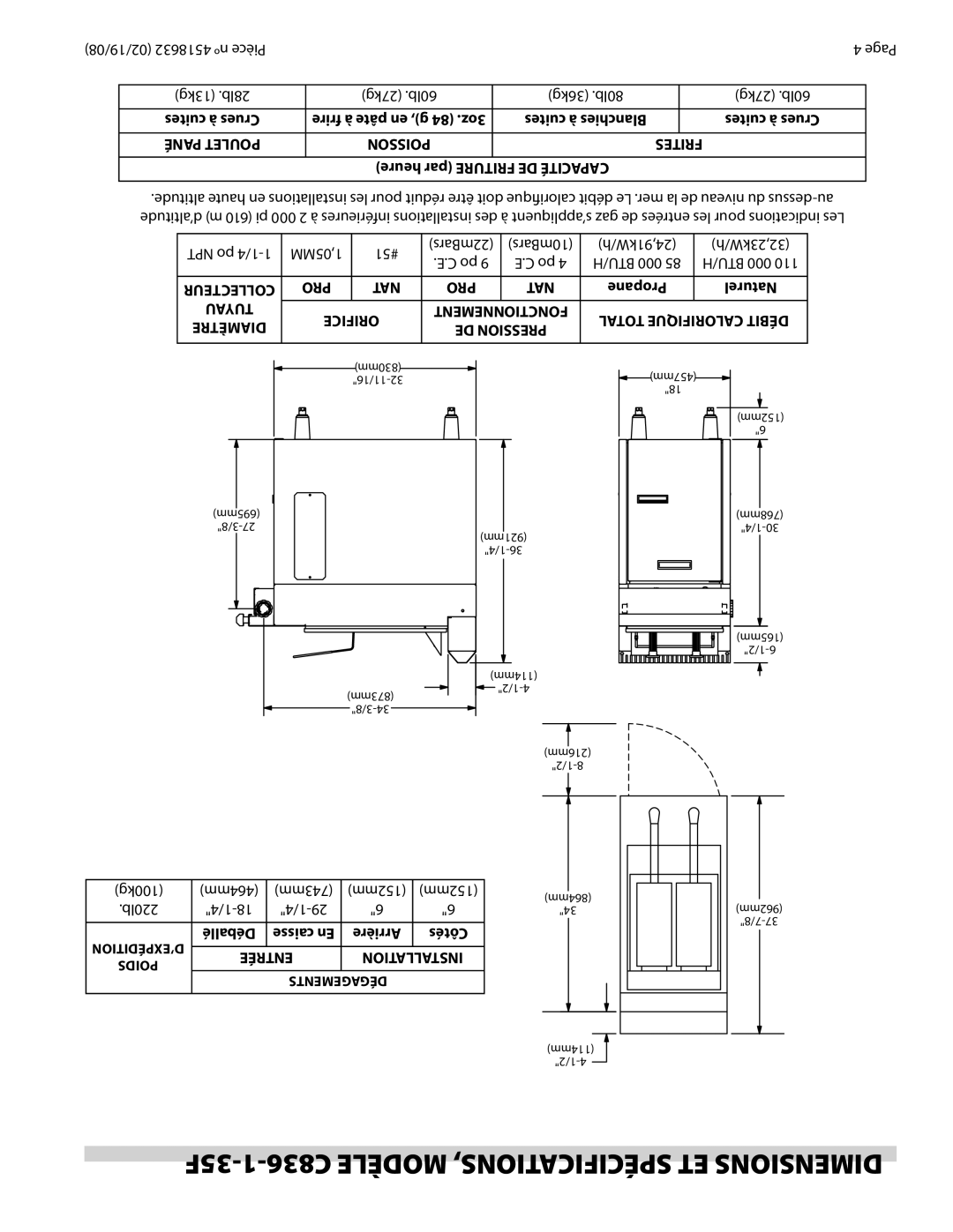 Garland C836-1-35F operation manual 35F-1-C836 Modèle SPÉCIFICATIONS, ET Dimensions 