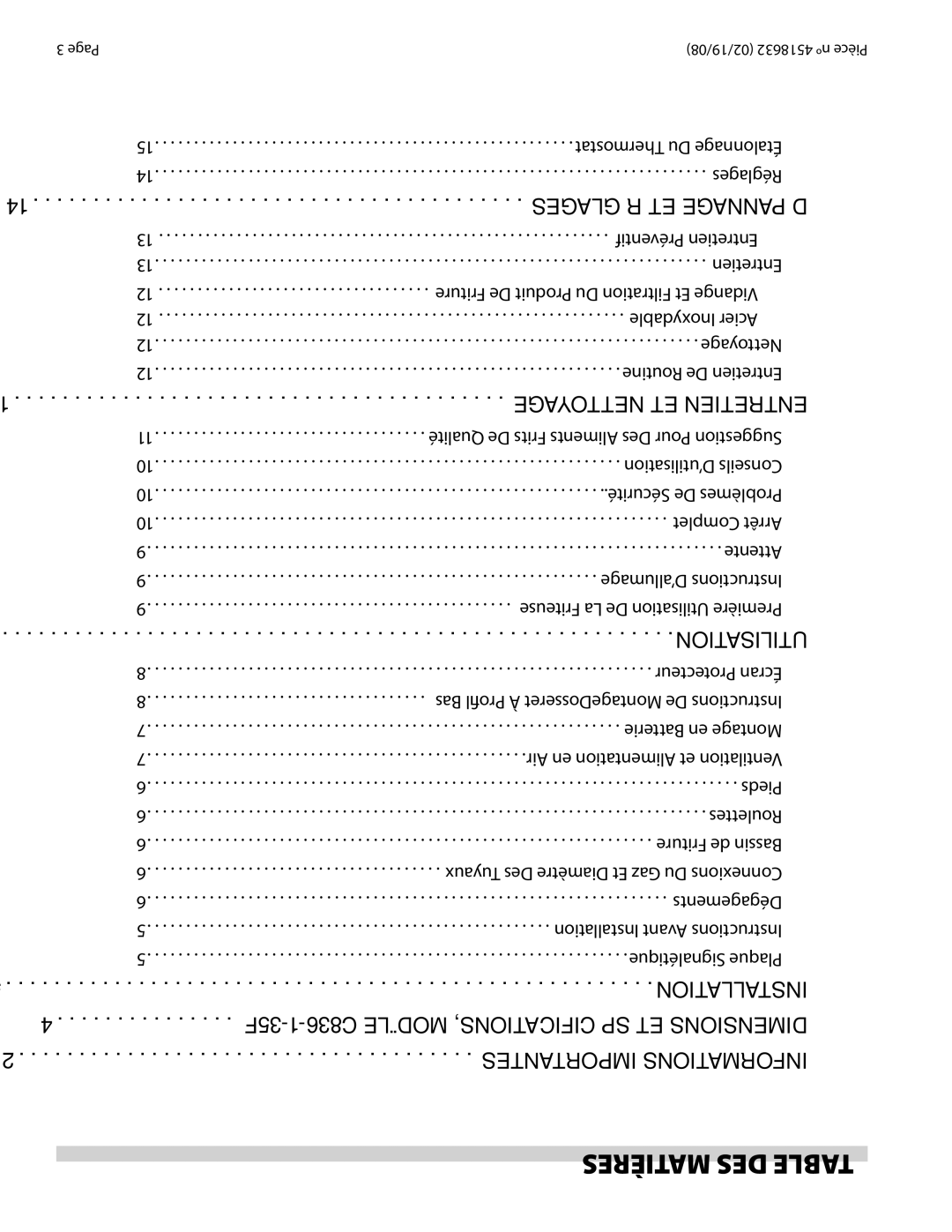 Garland C836-1-35F Matières DES Table, Nettoyage ET Entretien, Utilisation, Installation, Importantes Informations 