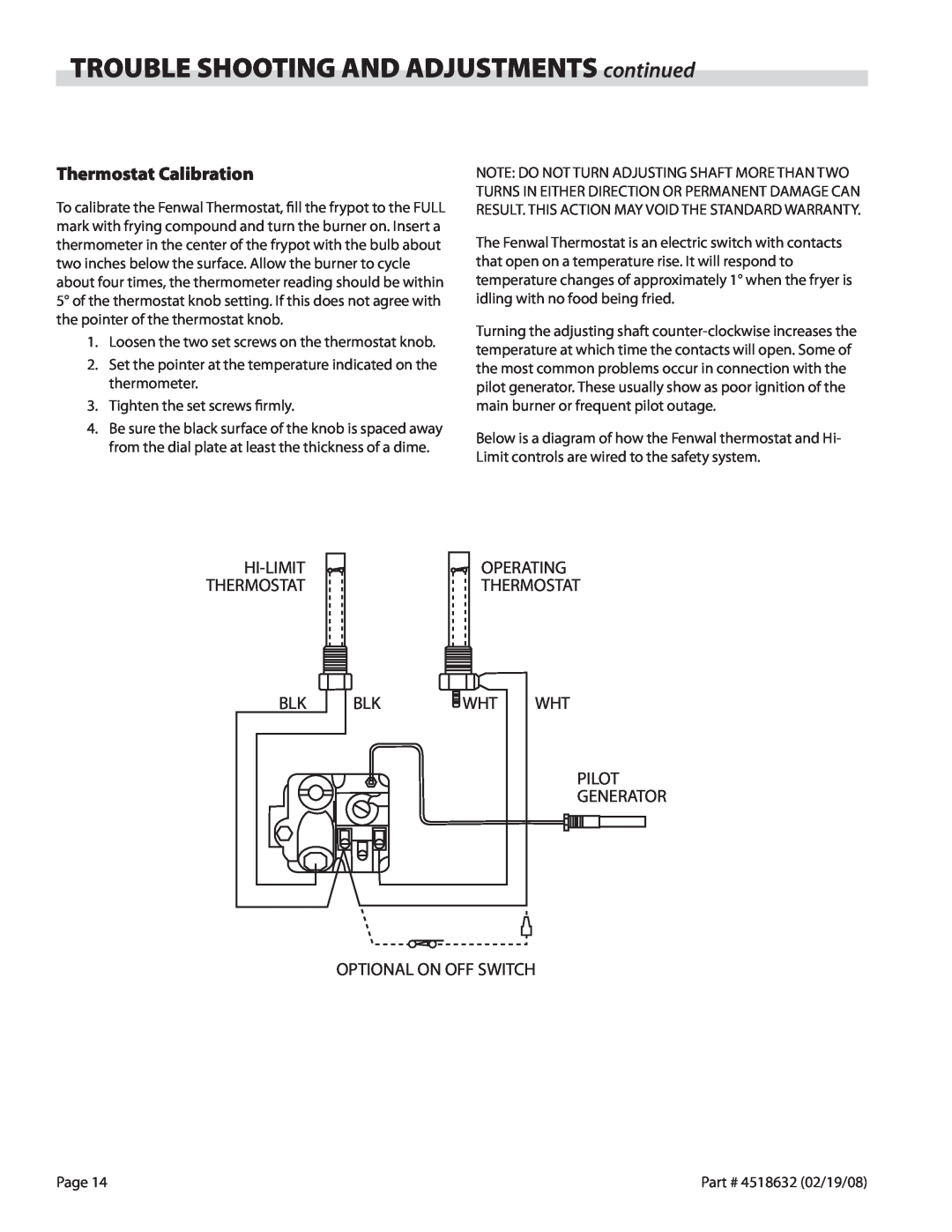 Garland C836-1-35F operation manual TROUBLE SHOOTING AND ADJUSTMENTS continued, Thermostat Calibration 