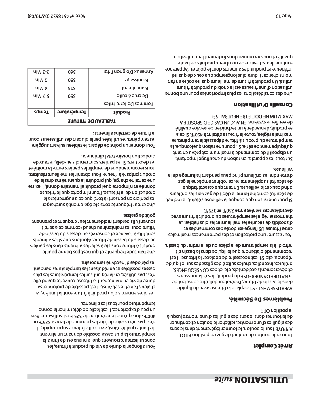 Garland C836-1-35F operation manual suite UTILISATION, D’utilisation Conseils, Sécurité De Problèmes, Complet Arrêt 