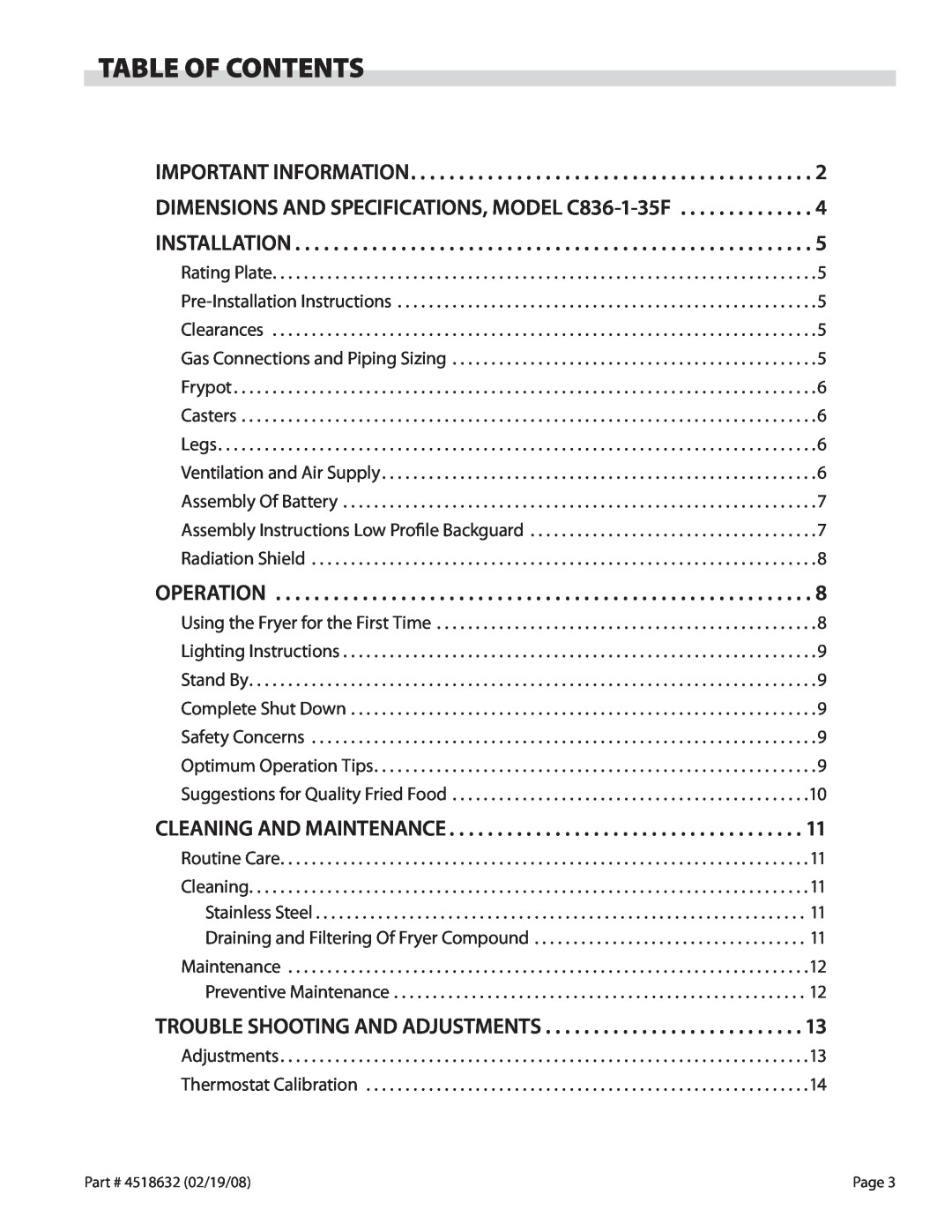 Garland C836-1-35F operation manual Table Of Contents 
