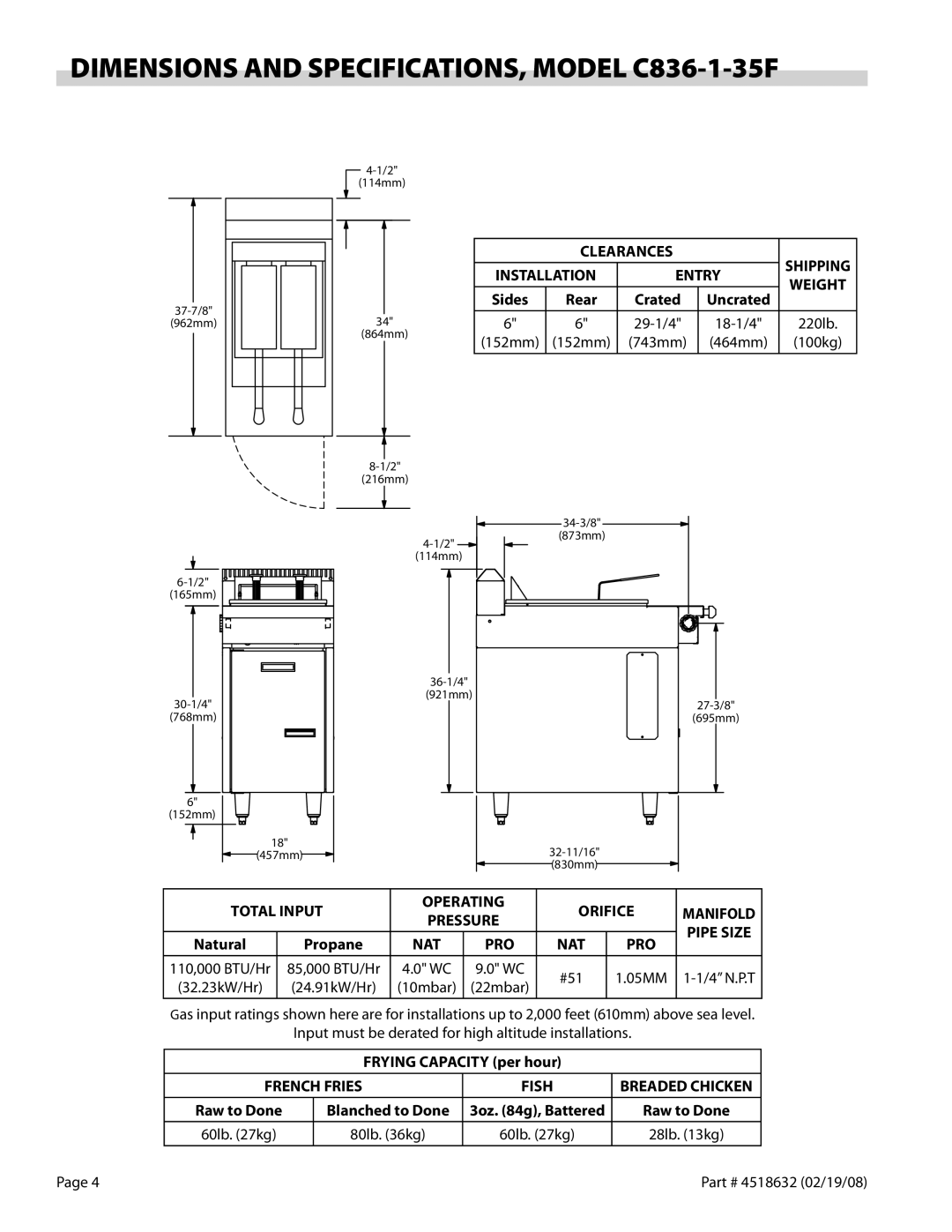 Garland operation manual DIMENSIONS AND SPECIFICATIONS, MODEL C836-1-35F 