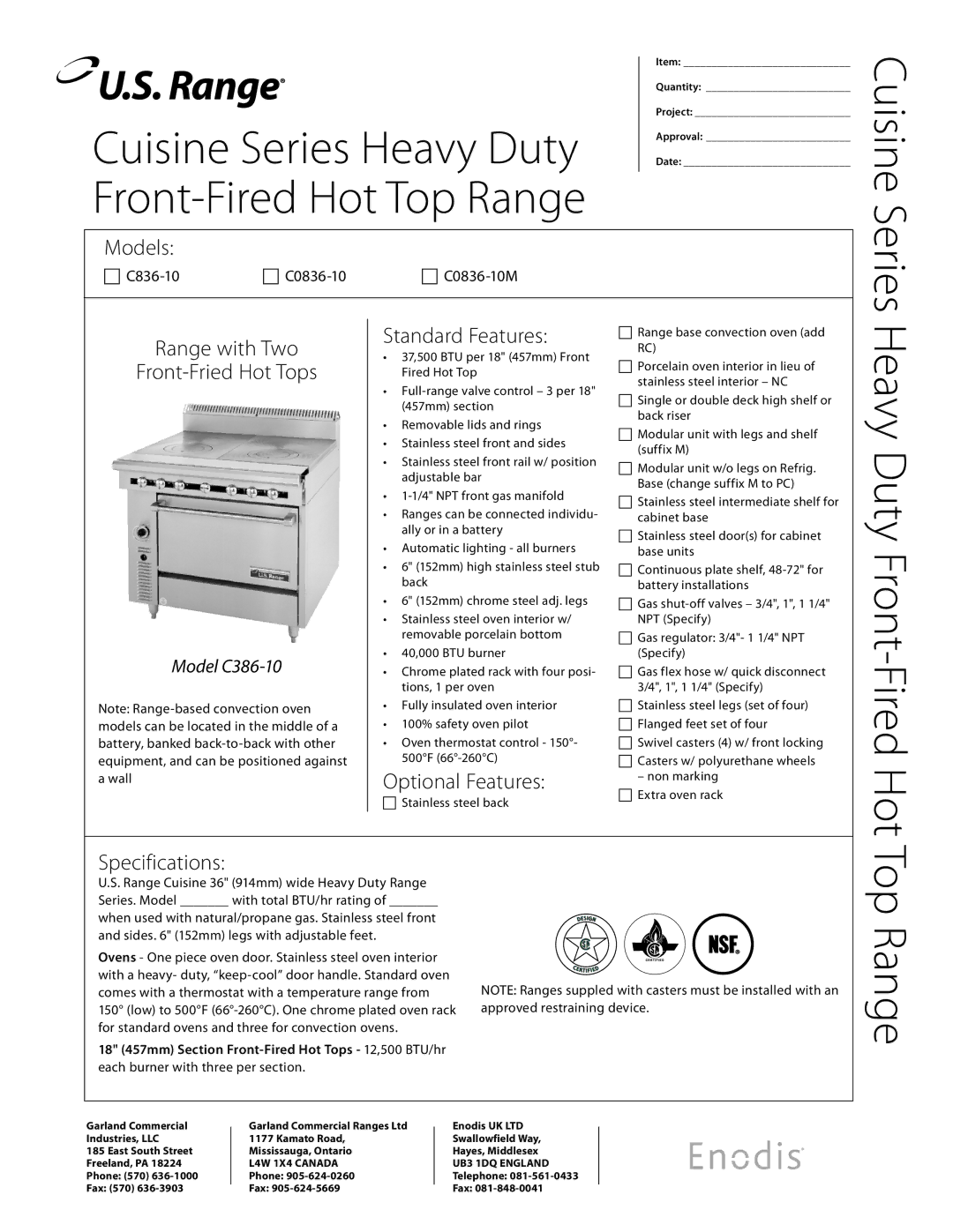 Garland C0836-10 specifications Range with Two Front-Fried Hot Tops, Specifications Standard Features, Optional Features 