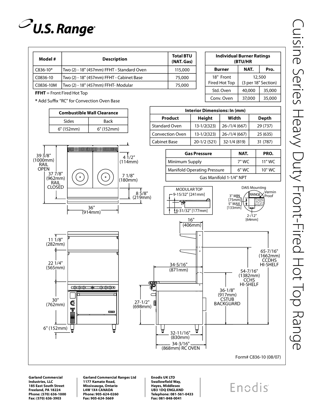 Garland C0836-10M, C836-10 specifications Cuisine Series Heavy Duty Front-Fired Hot Top Range 