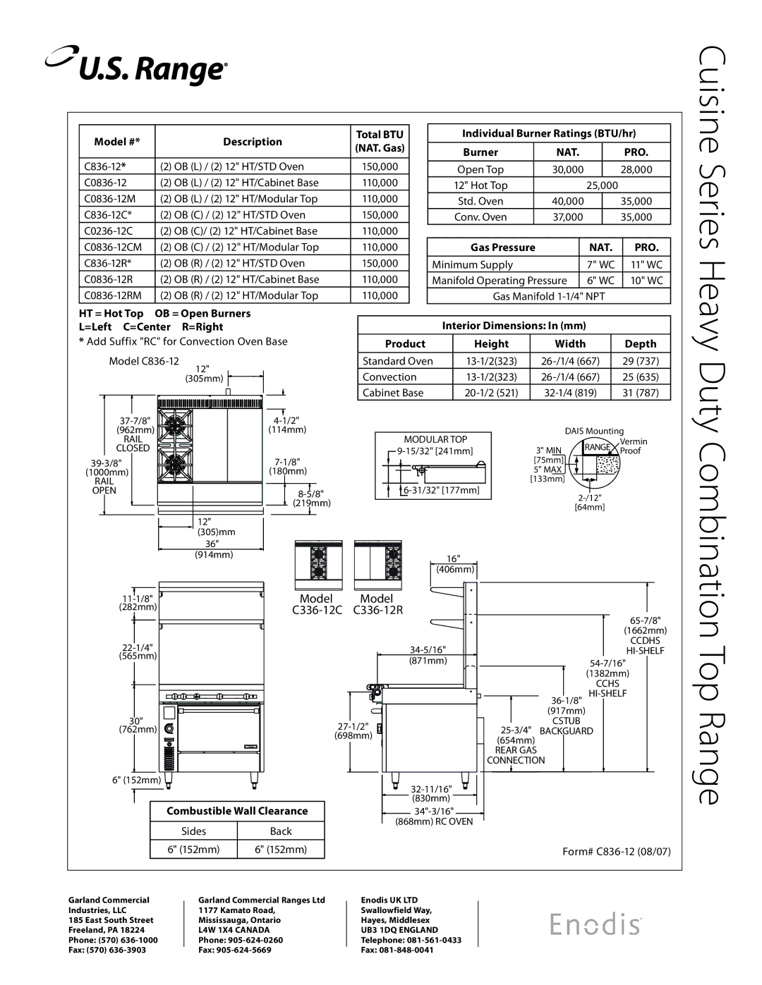 Garland C836-12C, C836-12L, C0836-12M, C0836-12LM, C0836-12CM specifications Cuisine Series Heavy Duty Combination Top Range 