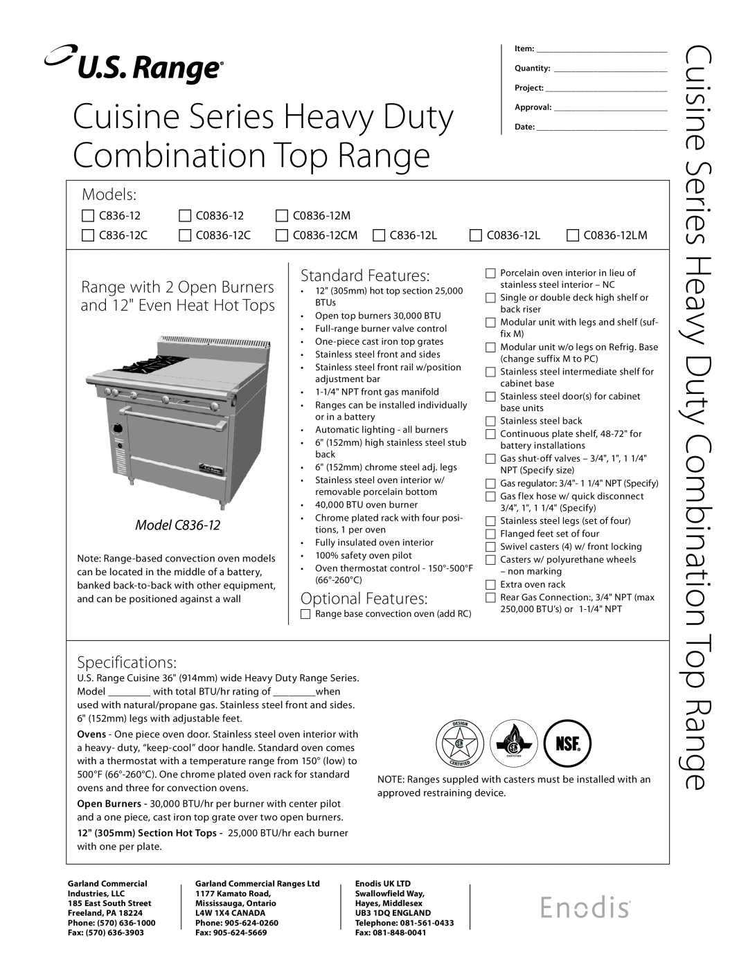 Garland C836-12L, C836-12C specifications Combination Top Range, Heavy Duty Combination, Cuisine Series Heavy Duty, Models 